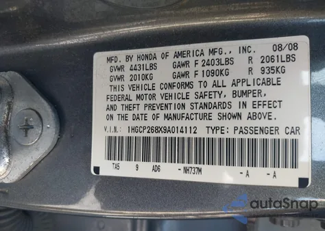 2009 Honda Accord 2.4 Ex-L z USA, uszkodzony, nr VIN 1HGCP268X9A014112